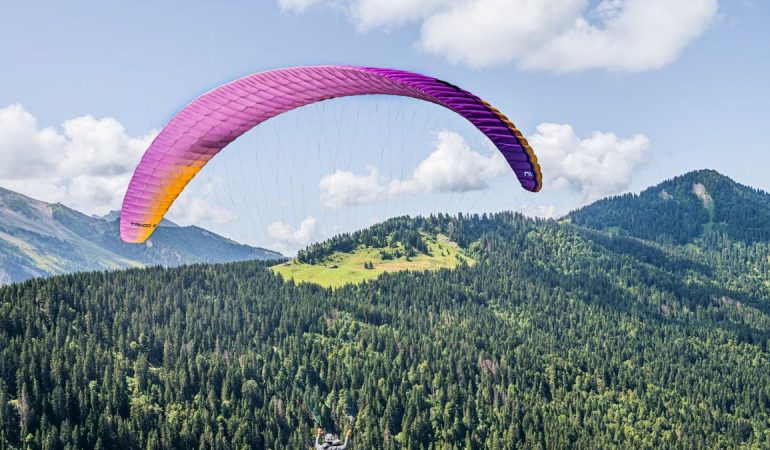 Experience an adventurous paragliding flight over lush alpine landscapes under a vibrant sky.